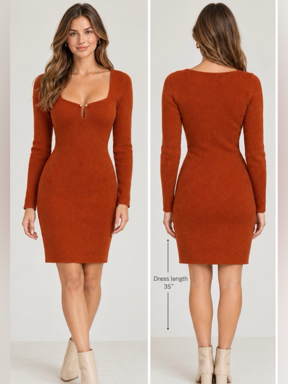 Abercrombie & Fitch Ribbed Long-Sleeve Dress in Rust Orange
